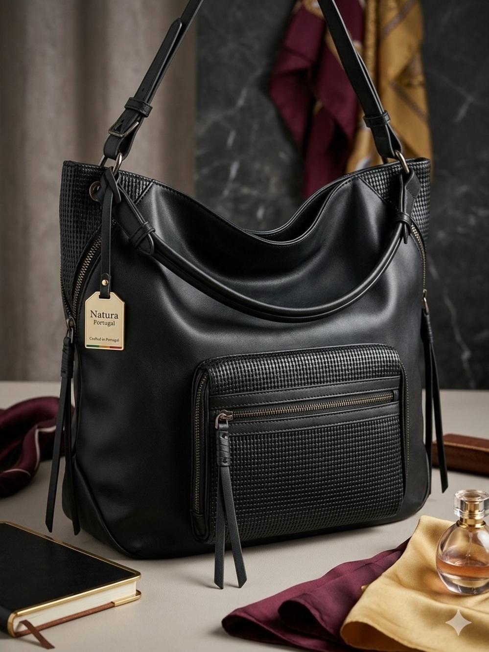 Natura Portugal Black Faux Leather Slouchy Hobo Tote Bag NWT Woven Pocket
